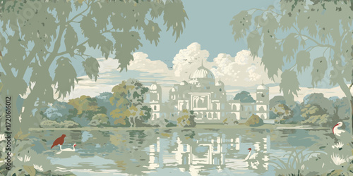 Serene landscape with indian palace reflection and waterfowl on a calm lake