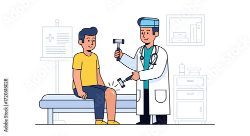 doctor in a white coat and cap using a reflex hammer on a patient's knee. The patient is smiling, seated on an exam table. The scene is friendly and clinical.