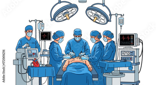 surgeons in scrubs performing surgery in a bright, busy operating room.
