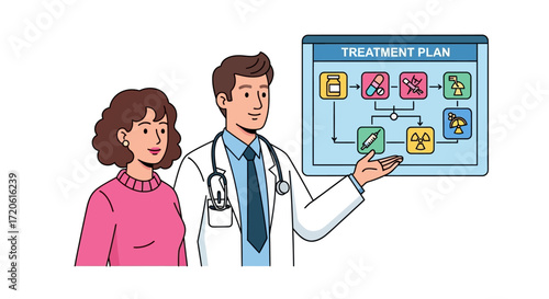 doctor and patient stand beside a treatment plan, discussing the patient's health and next steps in care