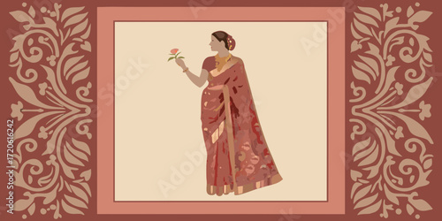 Traditional indian woman in saree holding a rose flower with decorative border