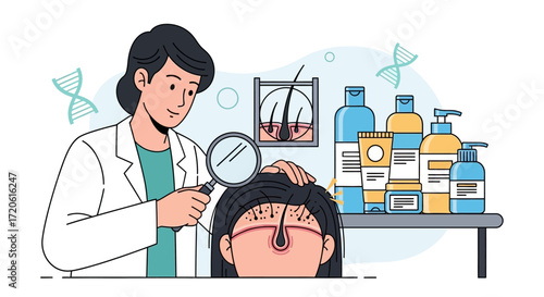 a dermatologist examining a patient's scalp with a magnifying glass