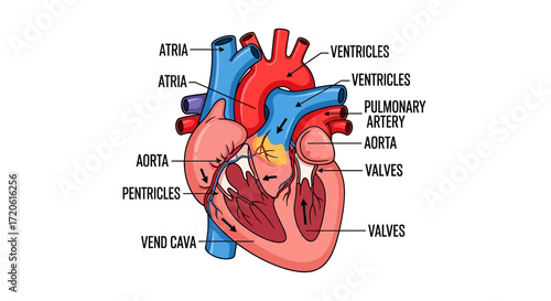 Human heart illustration with labeled parts, including atria, ventricles, and major blood vessels.