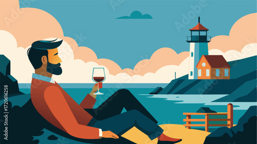 After a long day of work a weary freelancer in the lighthouse inn enjoys a glass of wine while watching the waves crash against the rocks beneath.. Vector illustration