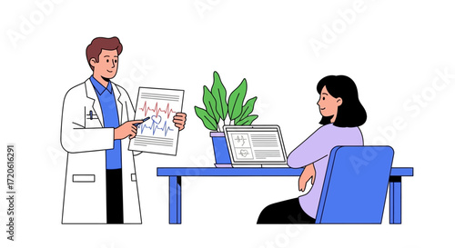 A cartoon doctor is conversing with a patient in a cheerful, colorful medical office setting