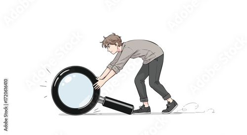 Young Man with Magnifying Glass Searching for Solutions Investigation Discovery Concept Illustration
