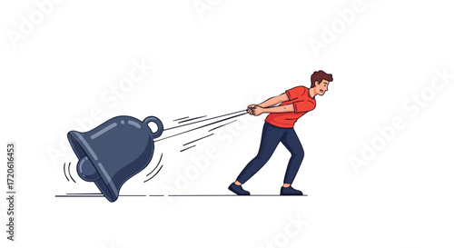 Man Pulling a Giant Bell Announcement Notification Urgent Concept Illustration
