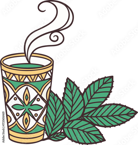 Stylized vector icon of a Moroccan mint tea glass with mint leaves and steam, line + fill style, vibrant green and gold colors, perfect for beverage and cafe designs