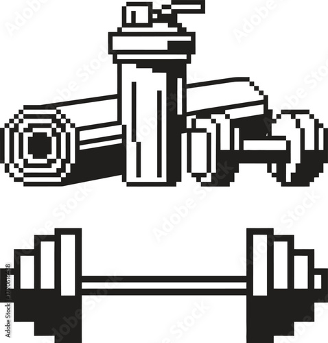 Gym equipment and protein shaker icon set for fitness and health