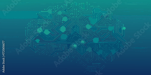 Abstract digital brain formed by glowing blue and green circuit board lines and nodes on a dark blue gradient background