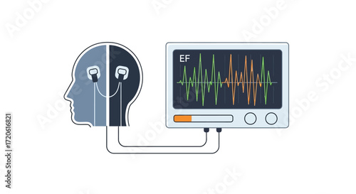 human head with earbuds connected to a monitor displaying green and orange wave patterns labeled "EF," suggesting brain activity analysis.