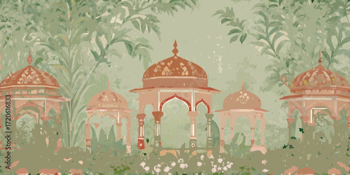 Serene indian garden with ornate pavilions and lush green foliage in soft pastel colors