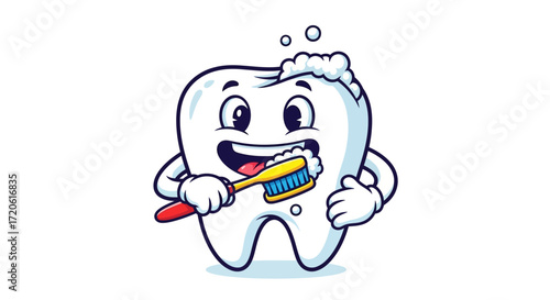 cartoon tooth smiling next to a toothbrush and a tube of toothpaste, promoting dental hygiene.