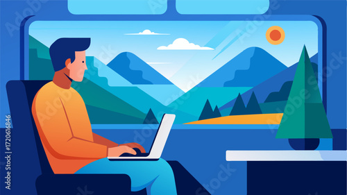 A train passenger with a view of distant mountains happily working away on their laptop.. Vector illustration