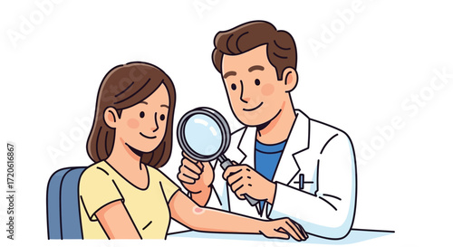 dermatologist wearing a white coat examining a patient's arm with a magnifying glass. Both are smiling, creating a friendly atmosphere.