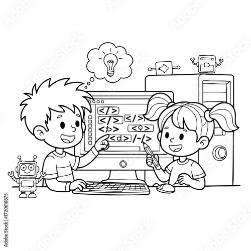 Kids Learning to Code Fun Black and White Coloring Page Illustration