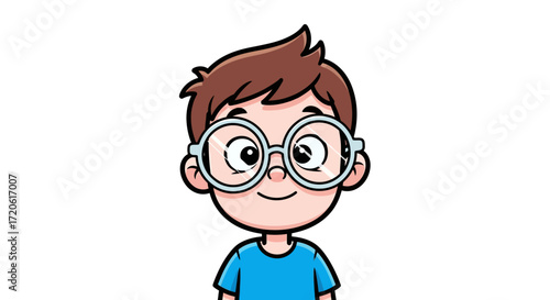 boy with large glasses and brown hair, wearing a blue shirt. He smiles warmly against a plain white background, conveying a friendly tone.