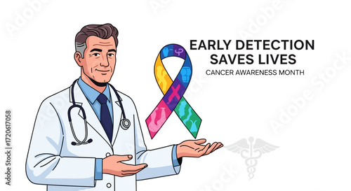 A smiling doctor in a white coat holds a colorful cancer awareness ribbon