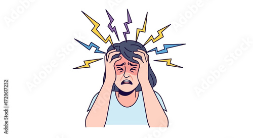 woman holds her head with both hands, eyes closed in distress. Colorful lightning bolts surround her, symbolizing stress or headache.