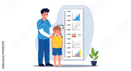 A doctor in a blue coat stands beside a child against a height chart with colorful graphs. A potted plant is nearby. The scene is friendly and reassuring.