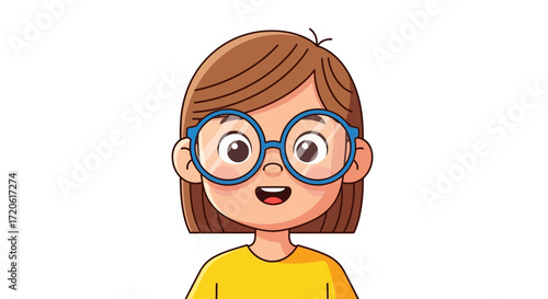 A cartoon character with brown hair, large blue glasses, and a yellow shirt smiles joyfully. The image conveys a cheerful and playful tone.
