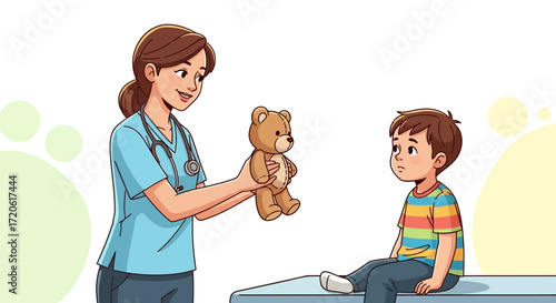 A nurse in a blue uniform holds a teddy bear, offering it to a sad boy in a rainbow-striped shirt sitting on an exam table, creating a comforting tone.