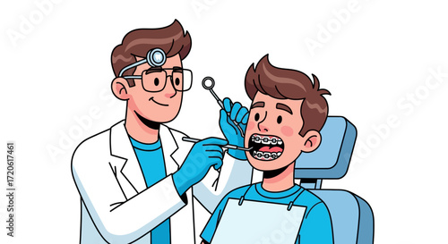 A dentist in a white coat and glasses examines a boy's braces. The boy, wearing a blue bib, looks calm in the dental chair. Bright, professional tone.