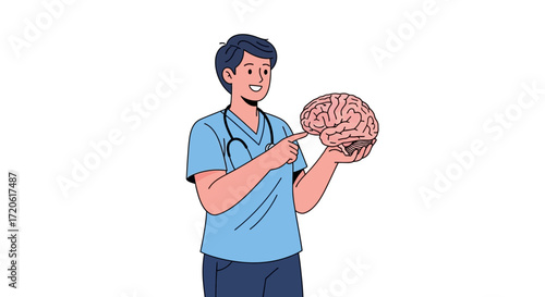 smiling person in a blue scrub shirt holding a brain model. They are pointing at it with interest, conveying a tone of learning.