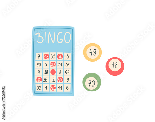 Cartoon bingo sticker game card in flat style. Bright bingo pieces and a numbered card set on a table. Fun and playful concept for boardgame party activity entertainment at home.