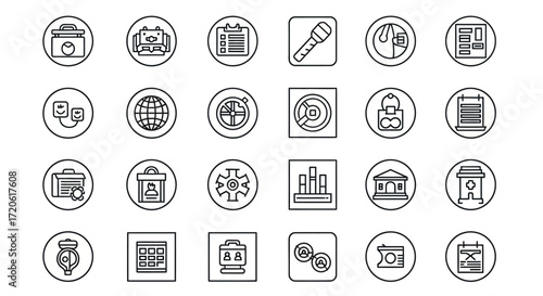 A grid of 24 circular icons features various thin line symbols, including a robot, microphone, comedy masks, and globe, conveying technology and communication themes.