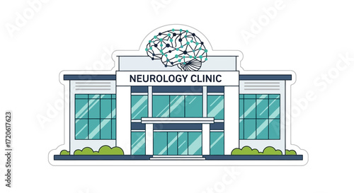 neurology clinic with a modern facade, large glass windows, and a neural network brain above. The building is surrounded by greenery.