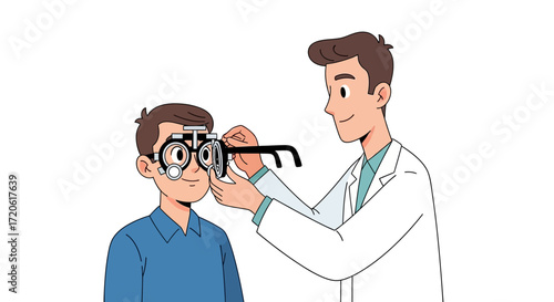 an optometrist in a white coat adjusting a phoropter for a boy in a blue shirt. The setting is clinical and attentive.