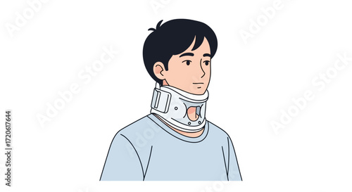a person with short black hair wearing a blue shirt and a neck brace. The expression is neutral, suggesting a calm demeanor.