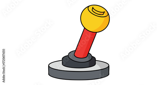A simple cartoon illustration of a red and yellow joystick on a gray base.