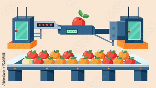 A smart fruit packing facility with automated fruit sorters at different stages of the production line allowing for a streamlined and efficient packing process.. Vector illustration