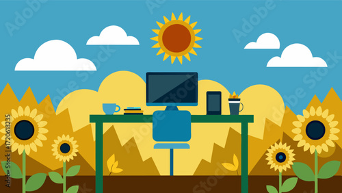 A unique workspace for the modern remote worker a sunflower field as far as the eye can see.. Vector illustration
