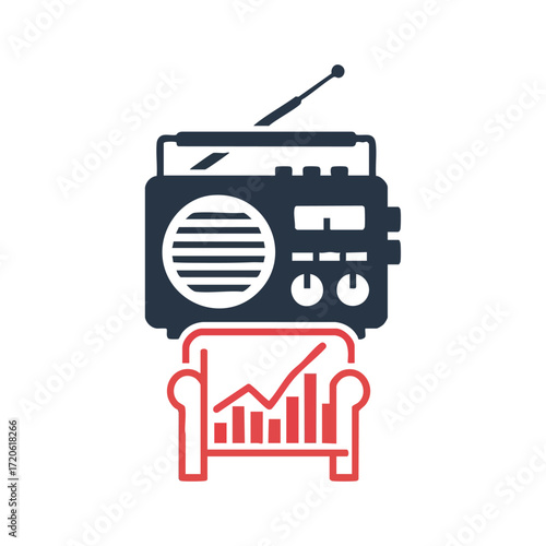 Stylized illustration of a radio on top of a couch with a bar graph on the couch.