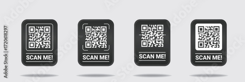 "Futuristic minimalist QR code digital art, dark mode geometric patterns with clean interface and simple monochrome shapes, technical vector illustration"