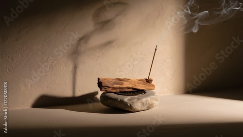 Serene Incense Burning on Stone and Wood Holder