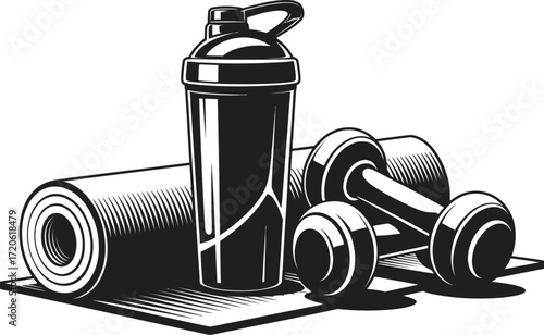 Fitness equipment including dumbbells shaker bottle and yoga mat