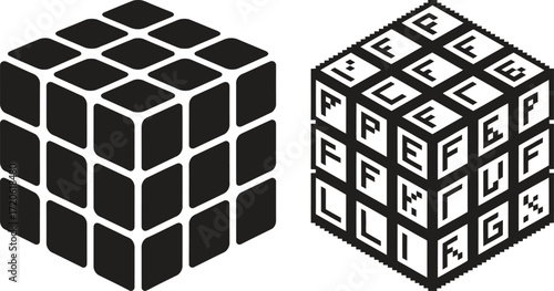 Two isometric cubes one solved and one with letters