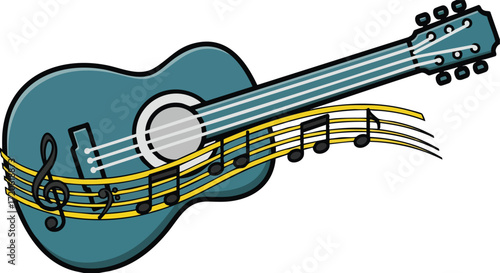 Acoustic Guitar with Musical Notes Vector Illustration