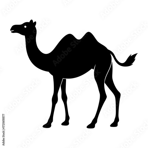 Black silhouette of a camel standing against a white background