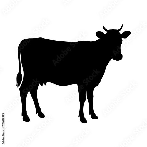 Black silhouette of a cow standing on a white background