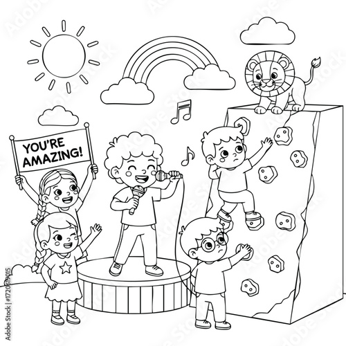Kids Coloring Page Talented Singer Climber Friends Rainbow Sun