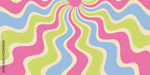 Groovy retro sun burst swirl and sunshine elements in a wavy pink background. Sun ray pattern with y2k style, bright graphic burst for modern abstract and vintage uses, horizontal orientation.