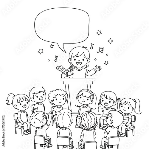 Happy Children Listening to a Storyteller Black and White Illustration