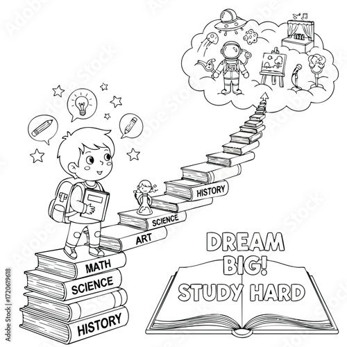 Cute Boy Climbing Books to Achieve Dreams Education Kids Future Concept