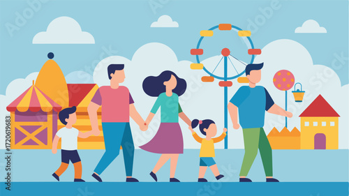 A quaint beach town complete with boardwalk and carnival games. Parents hold their childrens sticky hands as they indulge in cotton candy and ride the iconic Ferris wheel just like. Vector