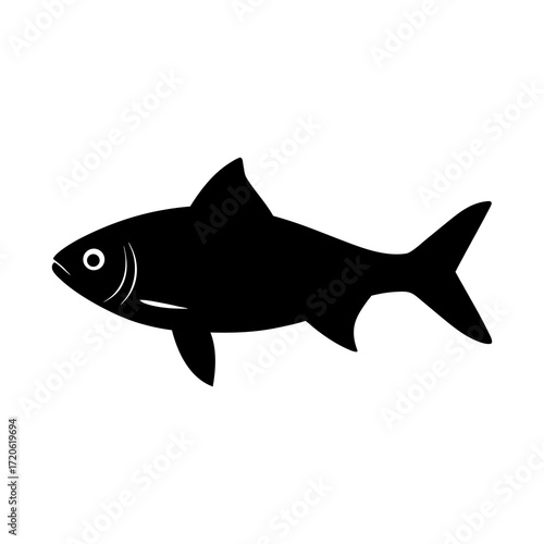 Simple black silhouette of a fish on white background